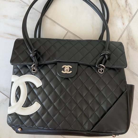 CHANEL Black Lambskin Leather Cambon Handbag Limited Edition White CC Logo RARE - Picture 11 of 16